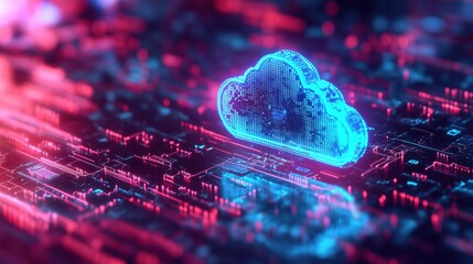 A digital encryption concept with a glowing shield over a cloud icon.