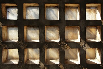 Fototapete - Sunlight streams through a concrete grid, casting soft shadow patterns that play with light and texture, illustrating a harmonious blend of nature and urbanity.