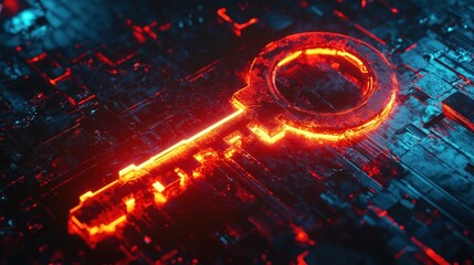 A glowing key symbol on a futuristic digital background.