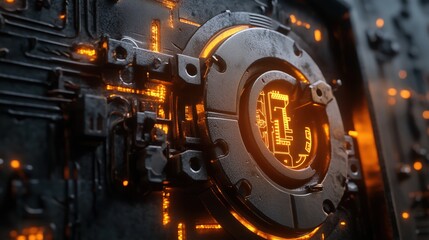 A 3D digital render of a lock mechanism with glowing circuits.
