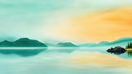 Poster - Majestic Mountain Lake Sunset Panorama with Serene Water Reflection