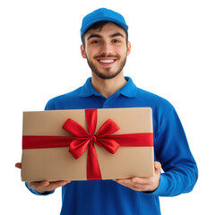 A delivery man in a blue uniform stands proudly holding a large, gift wrapped package with a red ribbon. The transparent background emphasizes his cheerful demeanor and the excitement of gift giving.