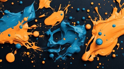 Wall Mural - Abstract splashes of orange and blue paint on a dark background with scattered droplets and dynamic swirling patterns