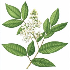 Wall Mural - Botanical illustration of delicate white flowers and lush green leaves on a white isolated background.