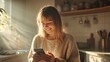 © quietmind_art - Young caucasian female smiling while using smartphone in sunlit kitchen.