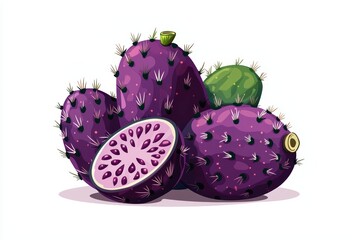 Colorful prickly pear cactus fruits with vibrant purple skin and green growth, isolated on a white background.