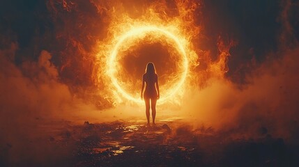 Wall Mural - silhouetted figure at glowing portal in darkened room light spilling through