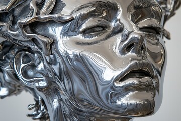 Wall Mural - An intricate silver face sculpture merges skillful design with emotive depth.