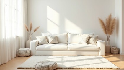 Minimalist living room with a white sofa, accented by beige pillows and pampas grass in vases, bathed in natural sunlight.