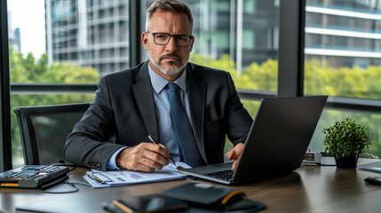 Fototapete - Cybersecurity expert analyzes digital breach in corporate investigation within urban office environment