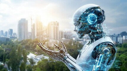 Aufkleber - Innovative robotics revolutionizing urban landscapes cityscape digital art futuristic side view ai impact on society