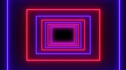 Wall Mural - neon line rectangle tunnel background. abstract futuristic neon tunnel square line animation on a bl