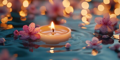 Wall Mural - Candle is floating in a body of water with pink flowers surrounding it. The scene is serene and calming, with the candle's light reflecting off the water and the flowers