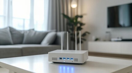 Wall Mural - White Wi-Fi router on wooden table in a modern indoor setting