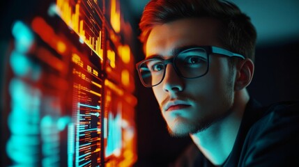 Man using hologram for programming and cyber security, data analysis, and investment research in futuristic technology concept.