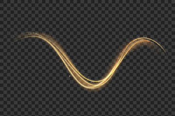 Poster - Golden light trails, light in motion, glowing speed lines with sparkles. Bright gold decoration, luminescent swirls isolated on black background. Vector illustration.