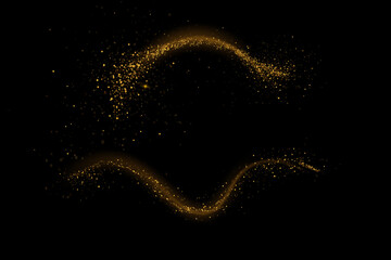 Poster - Golden light trails, light in motion, glowing speed lines with sparkles. Bright gold decoration, luminescent swirls isolated on black background. Vector illustration.