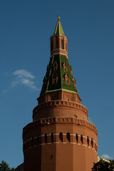 Wall Mural - A detailed photo of a tower on the Kremlin wall at Red Square, showcasing its historic architecture and intricate design elements