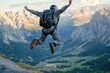 © Сергей Захаров - Base jumper leaps from cliff against mountain backdrop