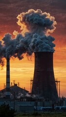 Wall Mural - Colorful smoke rising from a factory chimney at sunrise, symbolizing air pollution.