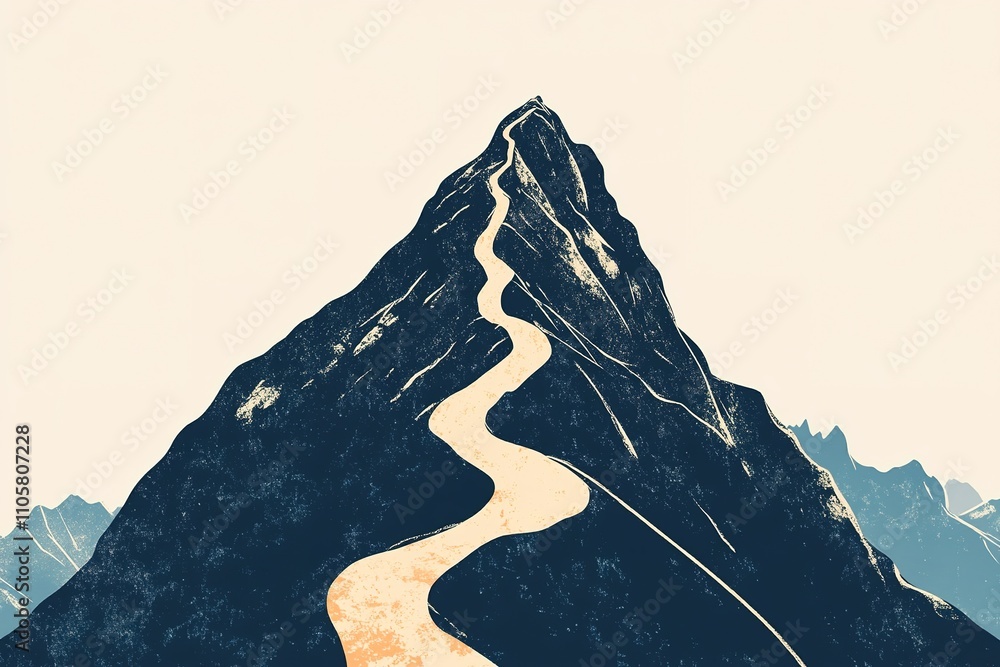 Stylized mountain peak with winding path illustration Stock ...