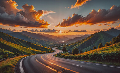 Poster - Winding road with a beautiful sunset in the background. The road is surrounded by mountains and trees