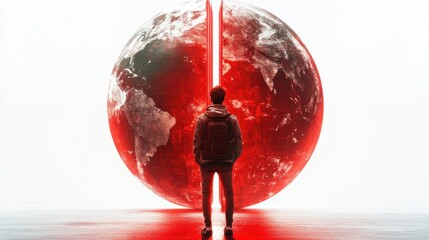 Wall Mural - a person stands before a glowing red globe, symbolizing a fusion of technology and the planet, set a