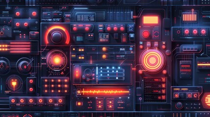 Futuristic control panel with glowing buttons and dials.