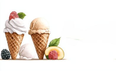 Wall Mural - Two delicious ice cream cones, one with whipped cream and berries, the other with a smooth scoop, accompanied by fresh fruit.