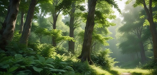 Lush green foliage against a blurred background of trees, forest, greenery