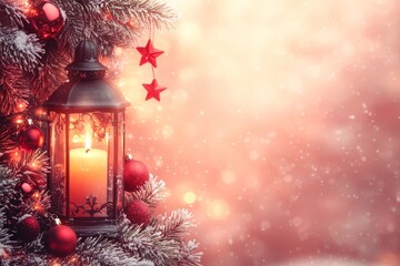 Wall Mural - Christmas background with lantern, red decorations, snow, soft light, red stars, snowflakes, garlands, and warm glow, vintage candle lamp, joyful festive atmosphere.