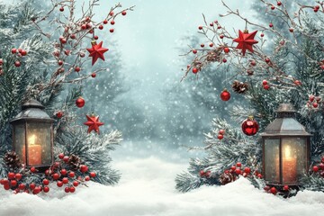 Wall Mural - Christmas background with lanterns, red stars, and decorations on snow, morning light, perfect for Christmas card banner design.