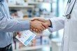 © AlAfiq - Professional healthcare provider shaking hands with a patient in a modern pharmacy setting, signifying trust and collaboration in medical services and patient care.