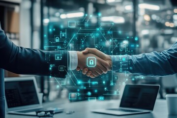 digital security partnership with abstract lock icons overlaid on business people’s handshake in mod