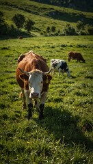 Wall Mural - Cows grazing in a green pasture.