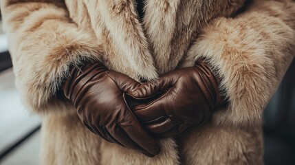 close-up of hands wearing brown leather gloves in a cozy fur coat, showcasing luxury winter fashion 