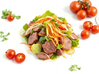 there is a salad with meat and vegetables on a white plate.