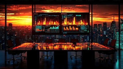 Canvas Print - Futuristic Virtual Conference Room with Panoramic City Skyline and Glowing Data Visualizations