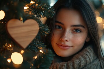 festive holiday decor, a young woman decorates a christmas tree with a heart-shaped ornament, set against soft lights with space for text