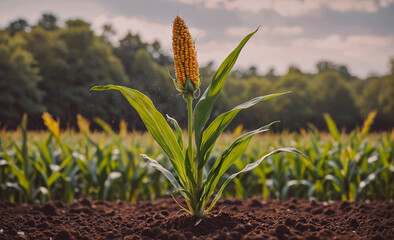Poster - Tall stalk of corn is growing in a field. The stalk is green and yellow. The field is full of corn plants
