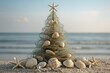 © Maria - A creative Christmas tree made from shells and netting on a sandy beach, evoking a coastal holiday atmosphere