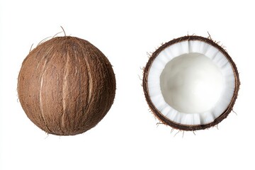 Two coconuts, one whole and one cut in half