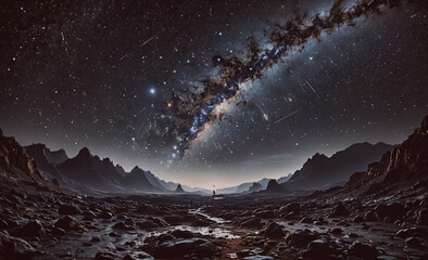 Wall Mural - Large, dark sky with a bright star in the middle. The star is surrounded by a large, bright cloud of gas