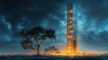 Poster - Futuristic Sustainable Skyscraper Blueprint with Digital Eco Friendly Projections Symbolizing Corporate Responsibility