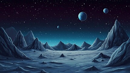Wall Mural - alien planet night sky mountainscape with celestial bodies
