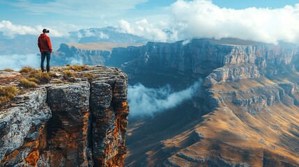 immersed in a virtual mountain adventure with vr glasses overlooking breathtaking landscape