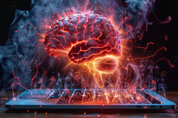 digital illustration representing the brain as a glowing neural network interface located on a computer keyboard.