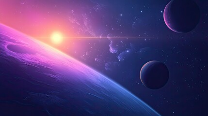 Wall Mural - purple planet sunrise with two moons in space