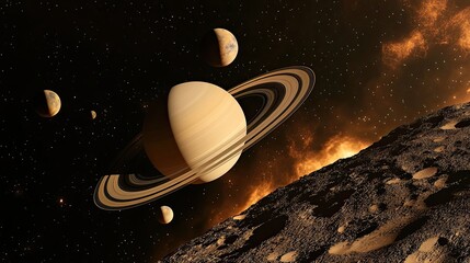 Wall Mural - ringed planet system amidst cosmic nebula and stars