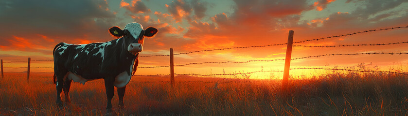 Canvas Print - Cow in field at sunset.